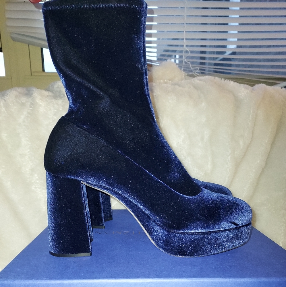 Sale🥳NEW Miu Miu Blue Velvet Stretch Block Heel Platform Ankle Boot